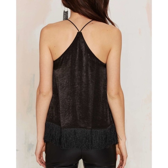 JOA Fringe & Satin Black Asymmetrical Racerback Halter Top Edgy Moto Sexy Size M - Picture 11 of 12